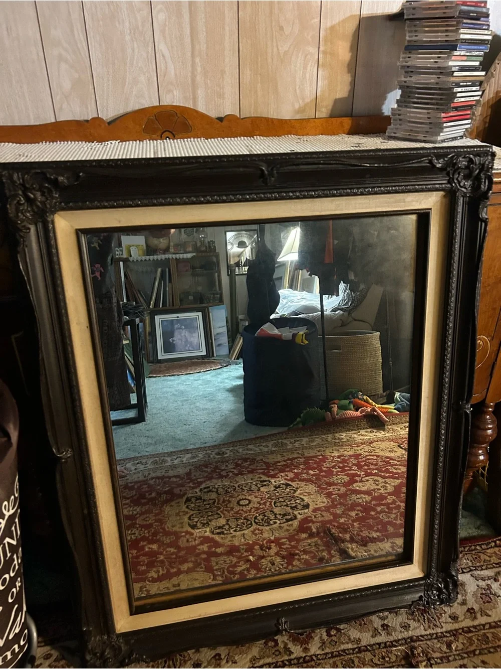 Black Forest Antique Baroque Mirror Suede Liner Ornate Carved Frame/Heavy Large